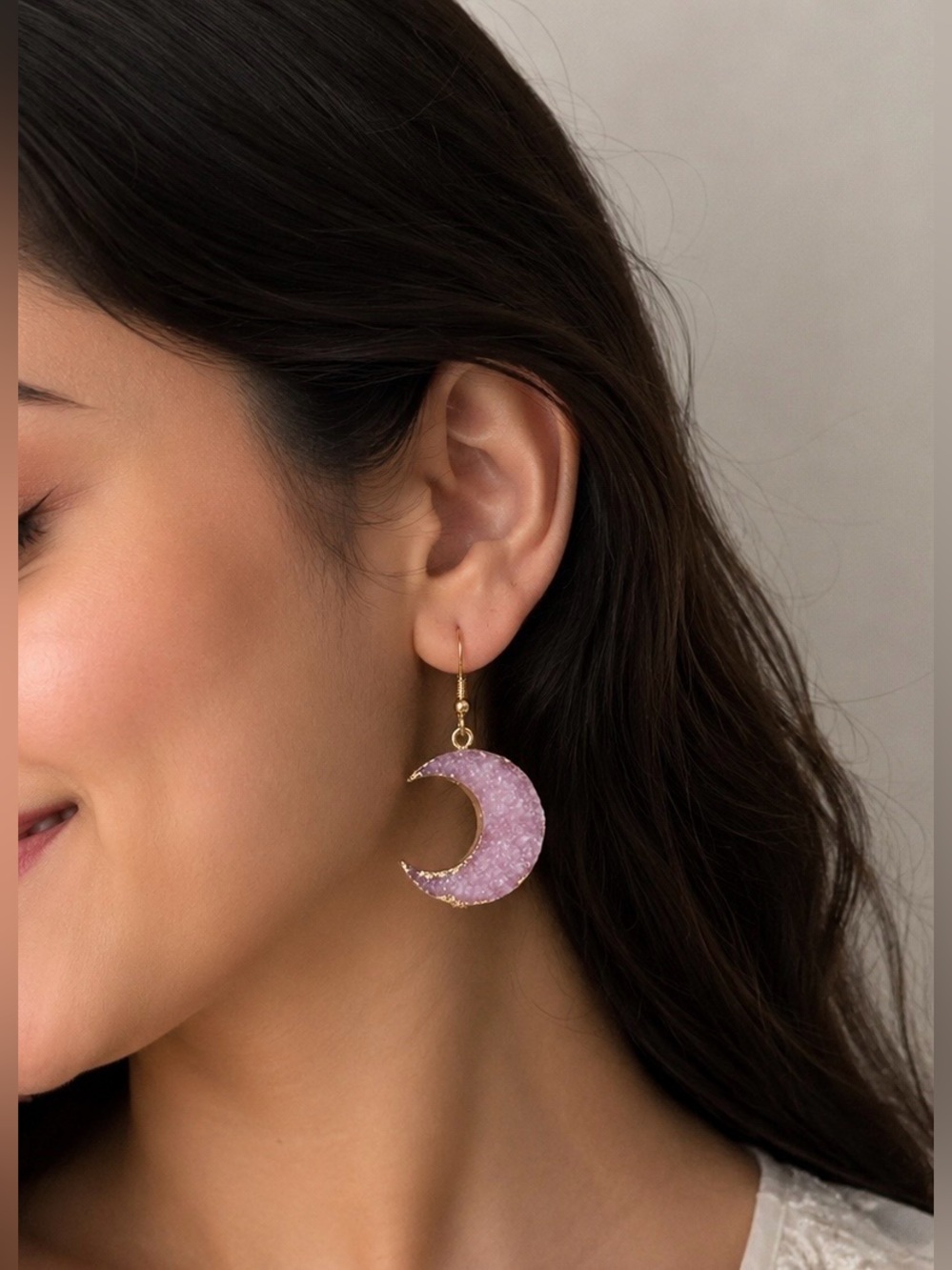 Pink Druzy Crescent Moon Drop Earrings